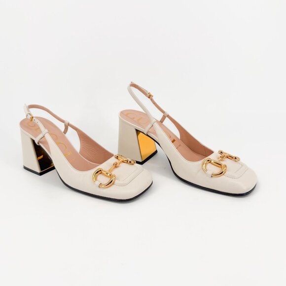Gucci Baby Horsebit White Leather Slingback Pumps Block Heels Size 37.5 US 7.5 - Picture 1 of 15